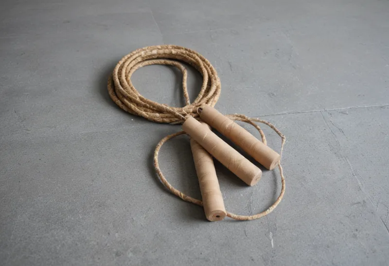 A coiled jump rope with plain wooden handles lying on a grey gym floor.