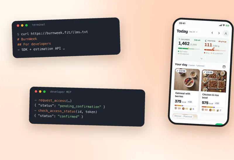 A terminal fetching llms.txt and calling a developer MCP that returns a calorie estimate.