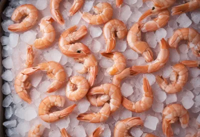 A heap of cooked pink shrimp on crushed ice in a shallow metal tray.
