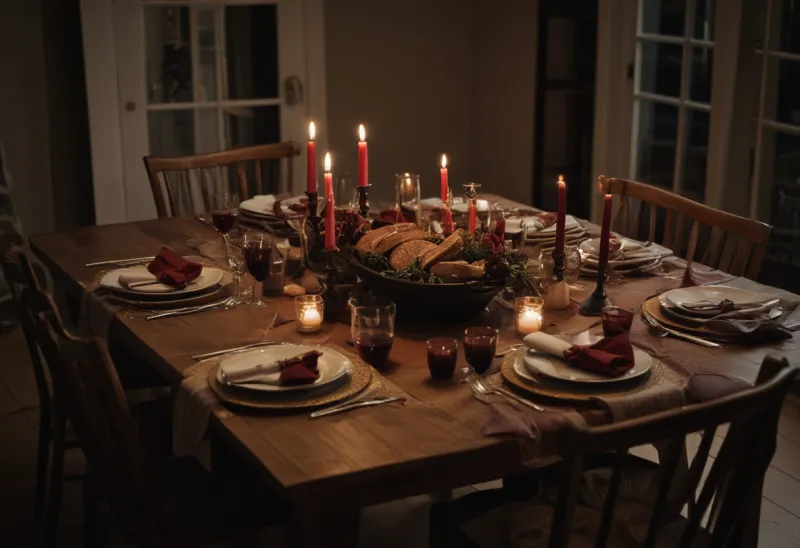 A long wooden dinner table set for a shared meal, with dishes, bread, wine glasses and lit candles.