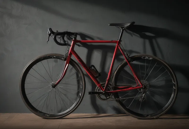 A road bicycle standing side-on against a plain wall.