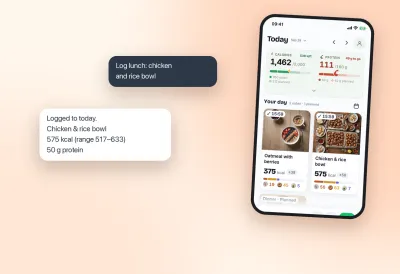 A chat request to log a chicken and rice bowl, the reply with a calorie range, and the BurnWeek Today screen showing the logged meal.