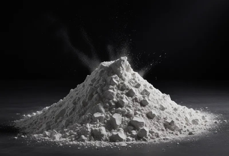 A small heap of fine white powder on a dark surface, photographed close up.