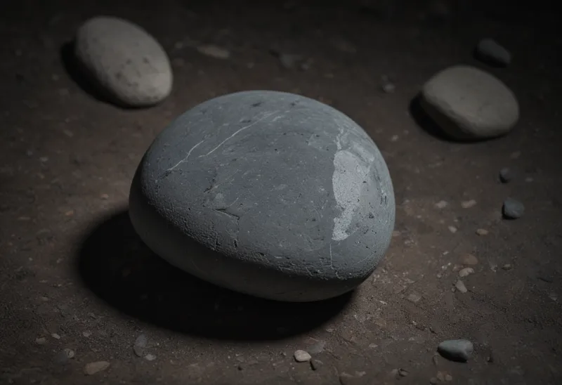 A single smooth grey river stone resting alone on a dark surface.