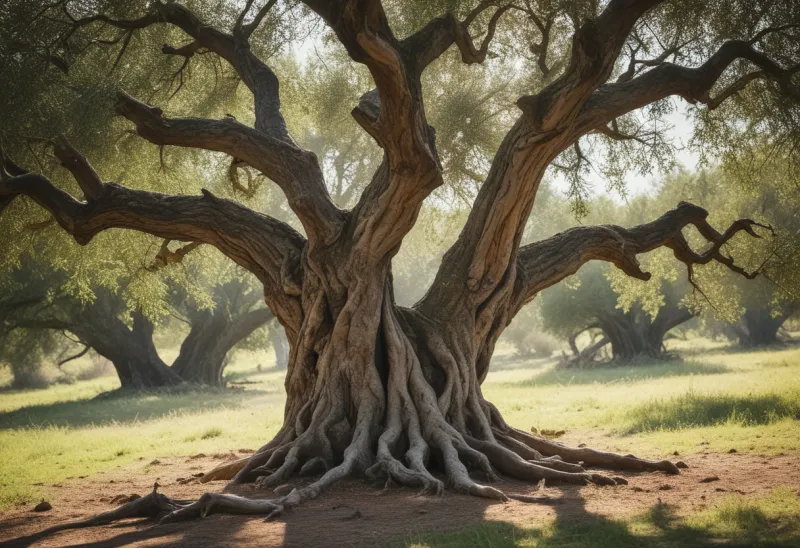 A gnarled old olive tree with a thick twisted trunk and silver-green leaves standing alone in a grassy grove.