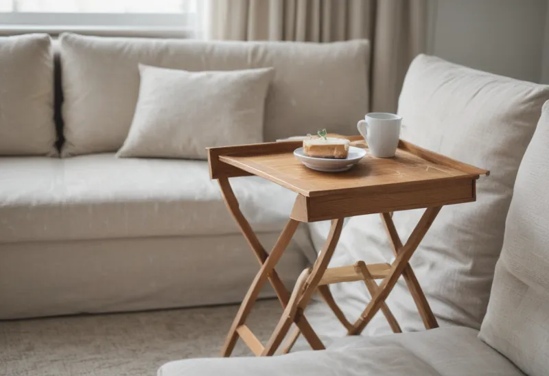 A folding wooden tray table standing beside the arm of a sofa