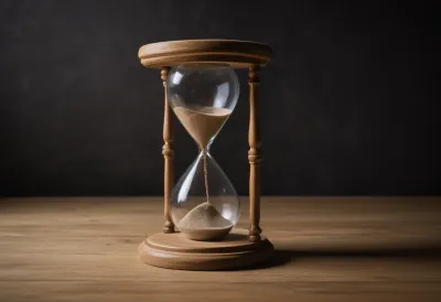 A wooden hourglass with sand running on a plain table