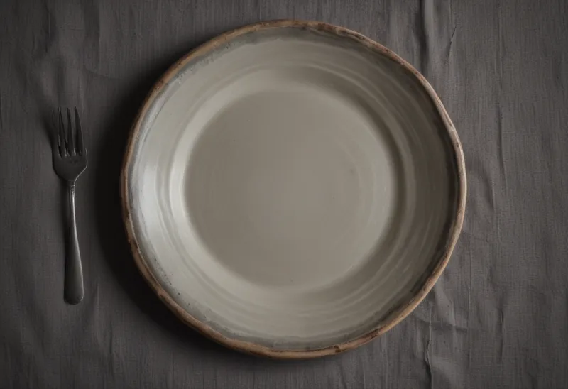 An empty wide handmade ceramic plate with a broad rim on a linen tablecloth