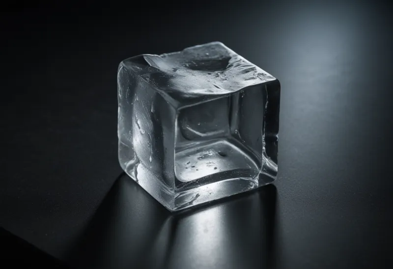A single clear ice cube resting on a plain laboratory bench.