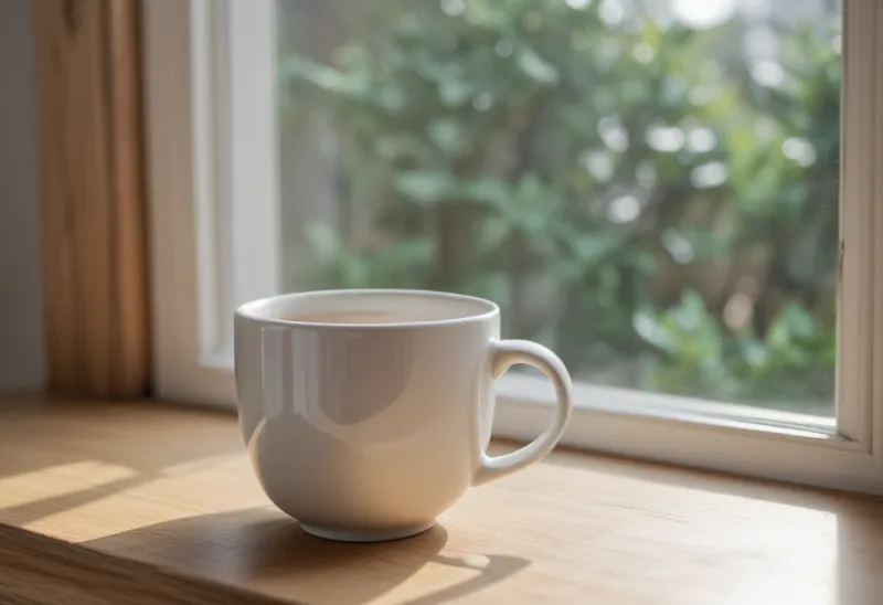 A white ceramic mug of tea standing on a wooden windowsill.