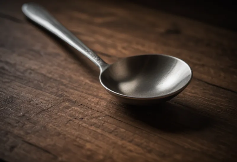 A plain metal tablespoon resting on a wooden kitchen counter.