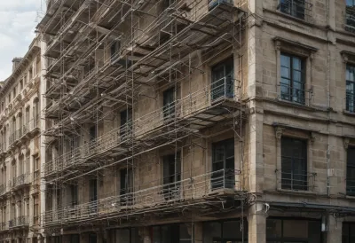 Metal scaffolding erected against the stone facade of a building on an empty street.