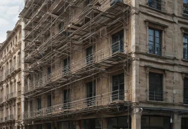 Metal scaffolding erected against the stone facade of a building on an empty street.