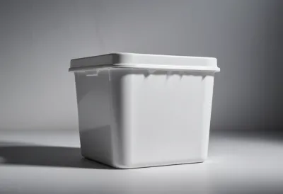 A white enamel food container with its lid clipped shut on a plain seamless backdrop.
