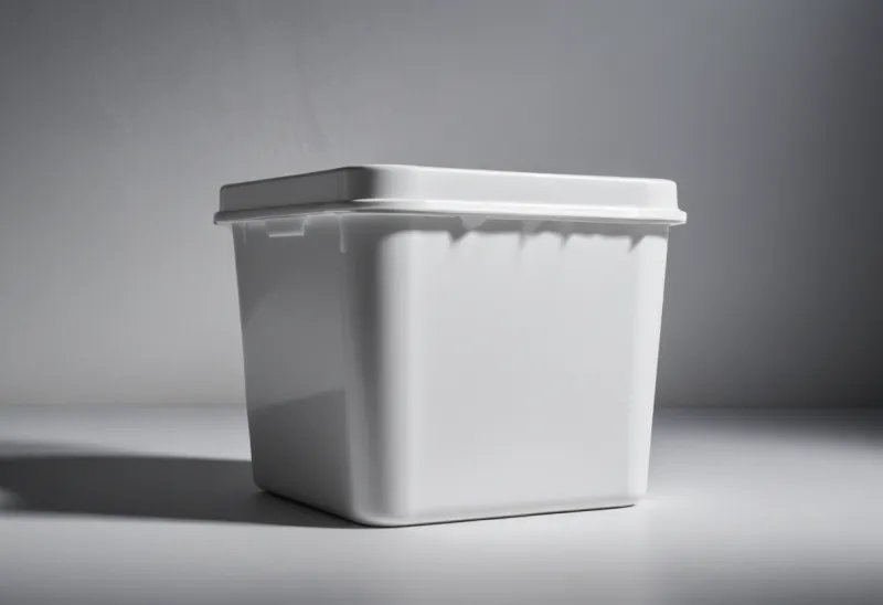 A white enamel food container with its lid clipped shut on a plain seamless backdrop.