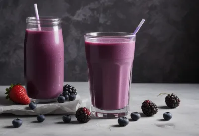A tall tumbler of thick purple berry smoothie on a dark surface.