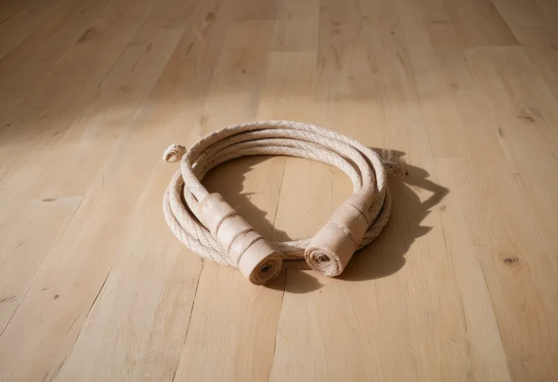 A coiled jump rope with wooden handles lying on a pale wooden floor.
