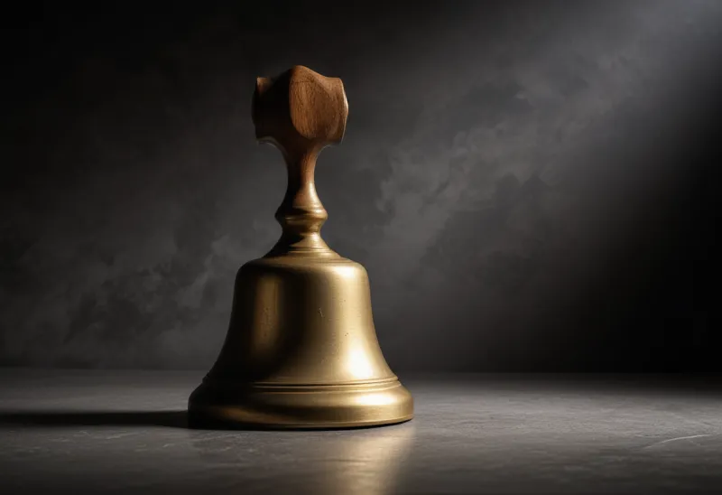 A polished brass hand bell with a wooden handle standing upright on a plain stone surface.