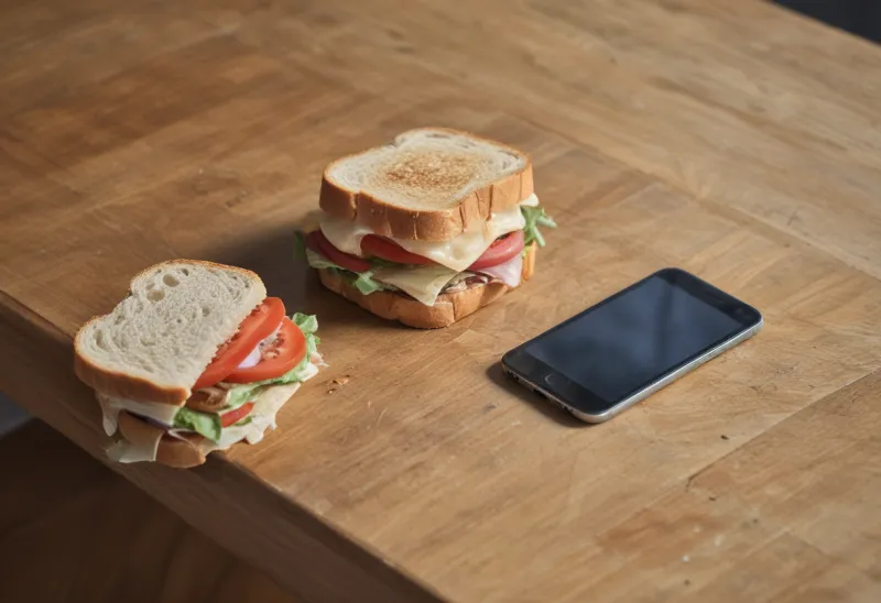 A phone face down on a wooden table next to a half-eaten sandwich on a plate