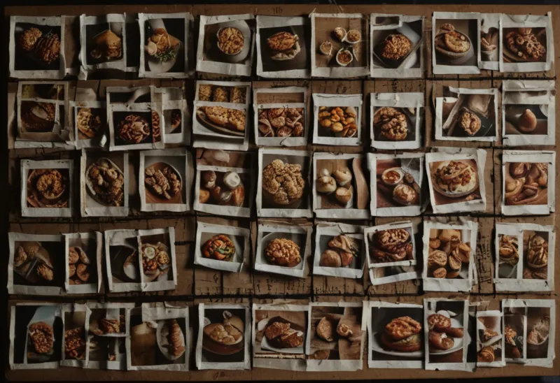 A grid of small square photographs of different meals pinned to a corkboard