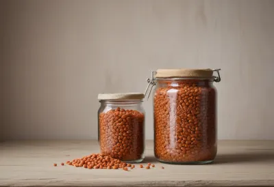 A small corked stoneware jar of dry red lentils standing on a pale wooden shelf.
