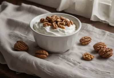 A ceramic bowl of plain Greek yogurt topped with walnuts on a linen tablecloth.