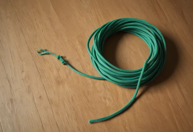 A coiled green rubber resistance band on a pale wooden floor.