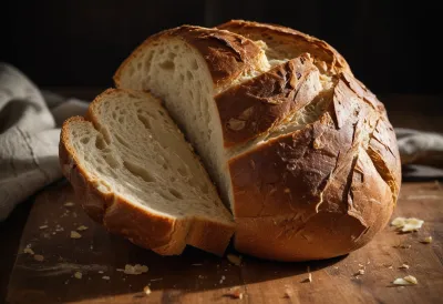 A rustic loaf of bread torn open on a wooden cutting board.