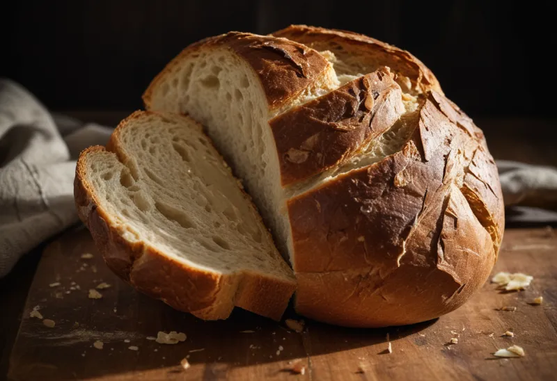 A rustic loaf of bread torn open on a wooden cutting board.