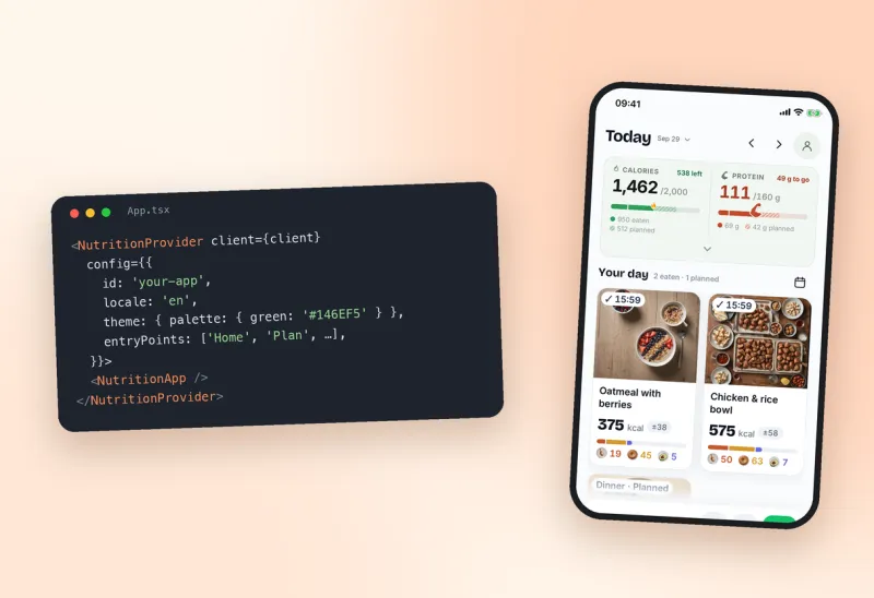 A NutritionProvider code snippet beside the embedded BurnWeek Today screen it renders.