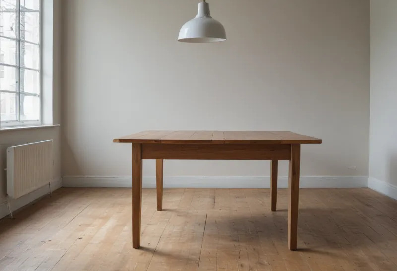 A bare wooden dining table in an empty room.