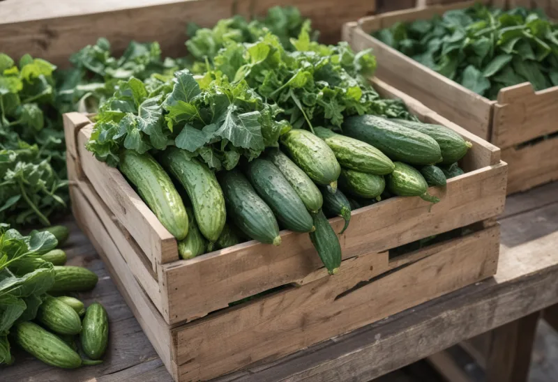A wooden crate overflowing with fresh leafy greens, cucumbers and bell peppers at a market stall