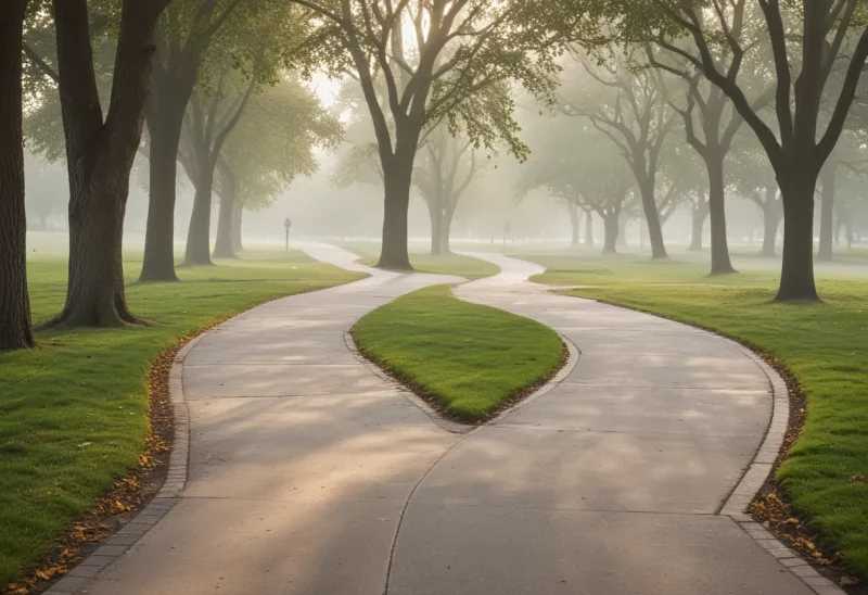 A paved footpath splitting in two through an empty park in early morning mist.