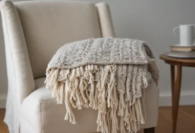 A folded wool blanket resting over the arm of an empty armchair