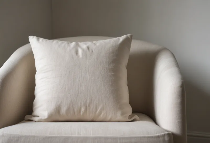 A plump pale linen cushion resting on a light armchair in a quiet room.