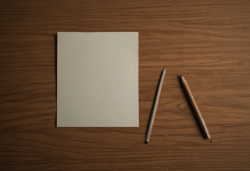 A sharpened pencil resting on a blank index card on a wooden desk.