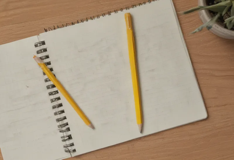 A closed spiral notebook with a yellow pencil resting on the cover, seen from above on a wooden desk
