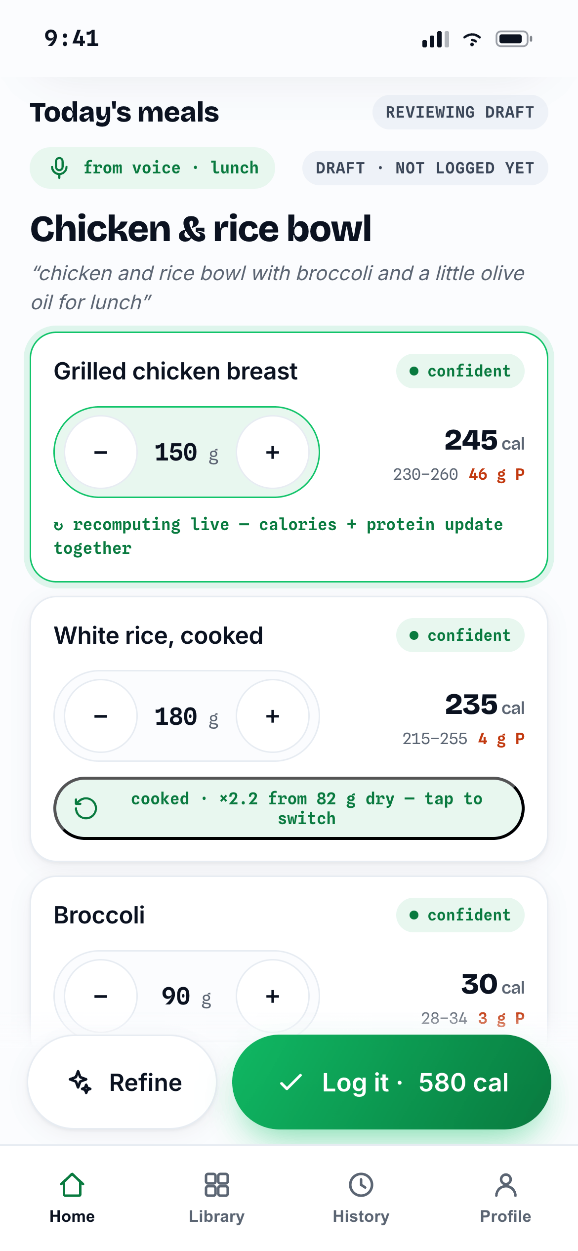 BurnWeek estimate breakdown: each ingredient with an editable weight in grams and a low–likely–high calorie and protein range.