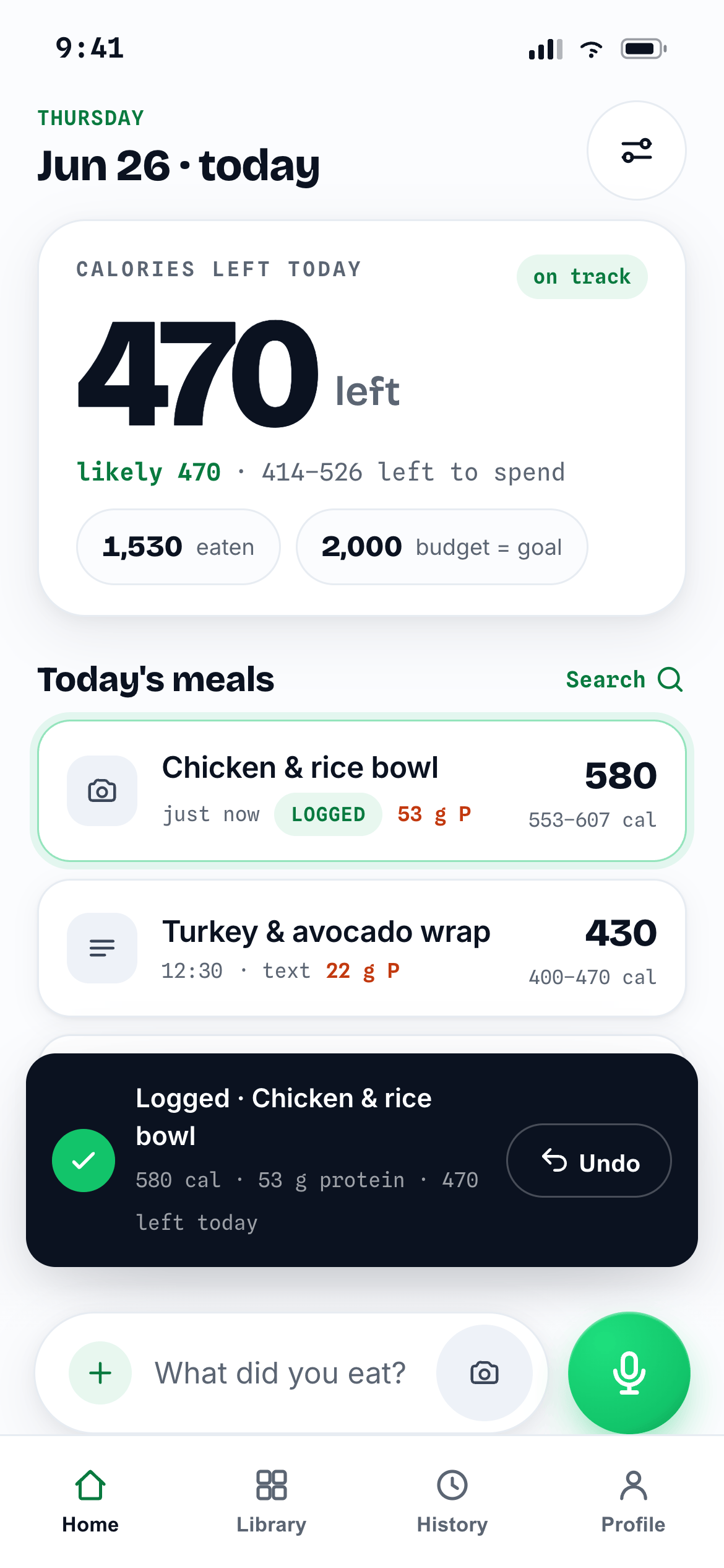 BurnWeek meal logged in one tap, showing the confirmed calories and protein with an undo option.